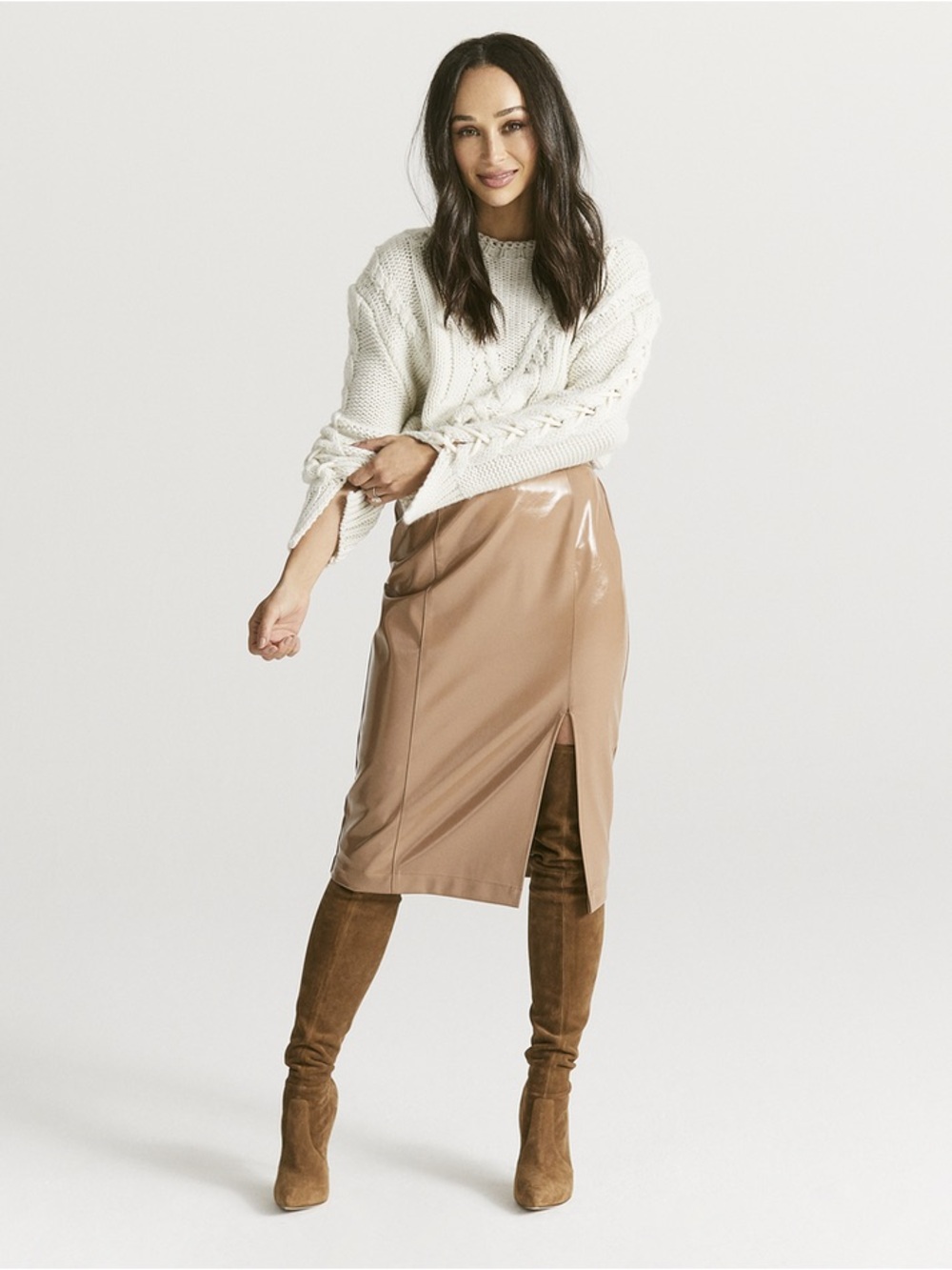 Cara Santana x Apt 9 Capsule Collection Faux Leather Midi Pencil Skirt in Tan 10
